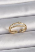 Pirinç Gold Renk Ayarlanabilir Zirkon Taşlı Kadın Yüzük - 1