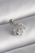 316L Çelik Gümüş Renk Zirkon Taşlı Ay Yıldız Tragus Piercing - 1