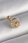 316L Çelik Gold Renk Zirkon Taşlı Ay Yıldız Tragus Piercing - 1