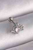 316L Çelik Gümüş Renk Pembe Mineli Kalp Zirkon Taş Detay Tragus Piercing - 1