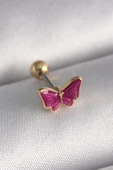 316L Çelik Gümüş Renk Pembe Kelebek Model Tragus Piercing - 1