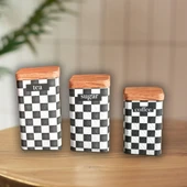 Bambu Kapak Görünümlü Baklava Desenli Metal 3 Boy Kavanoz Seti (YENİ DESEN) - 2