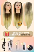Kuaför Eğitim Mankeni / Kahverengi Platin + Masa Aparatı + Örgü ve Topuz Seti - 1