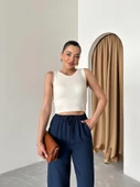Lacivert Beli Lastikli Pamuklu Keten Pantolon - 3