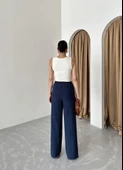 Lacivert Beli Lastikli Pamuklu Keten Pantolon - 7