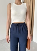 Lacivert Beli Lastikli Pamuklu Keten Pantolon - 2