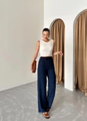 Lacivert Beli Lastikli Pamuklu Keten Pantolon - 5