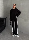 Siyah Helga Pantolonu Şeritli Triko Takım - 1