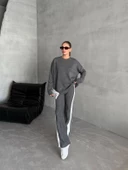 Antrasit Helga Pantolonu Şeritli Triko Takım - 7
