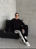 Siyah Helga Pantolonu Şeritli Triko Takım - 5