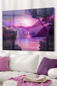 Şelale Ve Mor Gün Batımı | Doğa Temalı Dekoratif ve Modern Cam Tablo | 50x70 Cm - 1