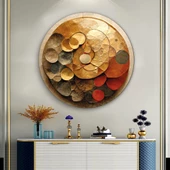 Gold ve Kırmızı Desenli Sanatsal yuvarlak Dekoratif ve Modern Cam Tablo - 1