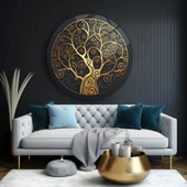 Gold Desenli Sanatsal Yuvarlak Dekoratif ve Modern Cam Tablo - 1