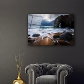 Kayalıklar Köpüren Deniz Sanatsal Dekoratif ve Modern Cam Tablo - 1