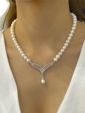 Trend Altın Modeli İnci Anturaj Gerdanlık 925 Gümüş inci Kolye - 1