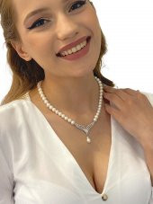 Trend Altın Modeli İnci Anturaj Gerdanlık 925 Gümüş inci Kolye - 2