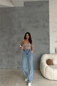 Dipmoda kadın likralı yüksek bel baggy jean DPR001 - 1