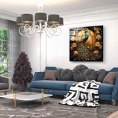 Tavuz Kuşu Ve Gold Çiçekler Dekoratif ve Modern Cam Tablo - 1