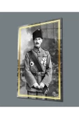 Gold Şerit Siyah Beyaz Üniformalı Atatürk Portesi Dekoratif ve Modern Cam Tablo, Uv Baskılı ve Temperli, Hediyelik - 1