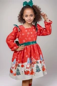 Kız Çocuk Omuzları Fırfırlı Geyik ve Kar Tanesi Baskılı Kırmızı Noel Elbise thumbnail 1