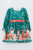 Kız Çocuk Üzeri Ev ve Ayıcık Desenli Beli Şerit Üzeri Puantiyeli Yeşil Noel Elbise thumbnail 3