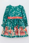 Kız Çocuk Üzeri Ev ve Ayıcık Desenli Beli Şerit Üzeri Puantiyeli Yeşil Noel Elbise thumbnail 4