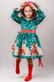 Kız Çocuk Üzeri Ev ve Ayıcık Desenli Beli Şerit Üzeri Puantiyeli Yeşil Noel Elbise thumbnail 1