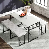 Eportatif Masa Takımı Minderli Bench Bank Masa Seti 120x60 Masa Mutfak Masası Yemek Masası Beyaz 1555 - 3