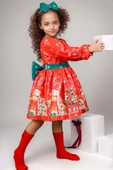 Kız Çocuk Üzeri Ev ve Ayıcık Desenli Beli Şerit Üzeri Puantiyeli Kırmızı Noel Elbise thumbnail 1