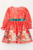 Kız Çocuk Üzeri Ev ve Ayıcık Desenli Beli Şerit Üzeri Puantiyeli Kırmızı Noel Elbise thumbnail 4
