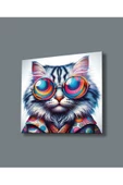 Hipster Kedi Renkli Bakış Dekoratif ve Modern Cam Tablo Hediyelik Büyük Tablo Ev Ofis Dekoru - 1