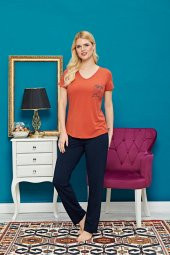 Kadın 2 Parça Kısa Kol Turuncu Renk Pijama Takımı - Bellamood Bayan Penye Pijama Takımı - 1