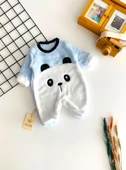 Neşeli Bebekler Panda Kabartma Desen Kendinden Patikli Welsoft Kumaş Tulum Mavi - 1