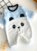 Neşeli Bebekler Panda Kabartma Desen Kendinden Patikli Welsoft Kumaş Tulum Mavi - 2
