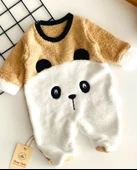 Neşeli Bebekler Panda Kabartma Desen Kendinden Patikli Welsoft Kumaş Tulum Kahve - 2