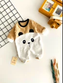 Neşeli Bebekler Panda Kabartma Desen Kendinden Patikli Welsoft Kumaş Tulum Kahve - 1
