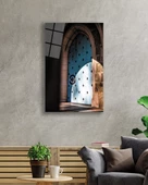 Oyma Taş Kemerli Mavi  Ahşap Kapı Dekoratif ve Modern Cam Tablo - 1