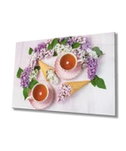 Çiçekler ve Fincanda Çay Dekoratif ve Modern Cam Tablo - 1