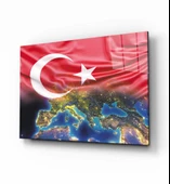 Türk Bayrağı ve Dünya Haritası  Dekoratif ve Modern Cam Tablo - 1