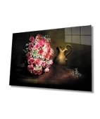 Pembe Beyaz Güller Natürmort Dekoratif ve Modern Cam Tablo - 1