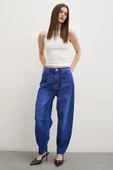Yüksek Bel Dikişli Kesik Paça Mom Jean Mavi - 3