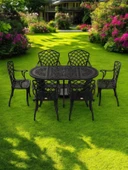 Ferforje görünümlü Plastik Oval Hitit Masa Sandalye Takımı 1 Masa 6 Sandalye Balkon, Bahçe Mobilyası - 7