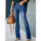 Lucky Life Kadın Yüksek Bel önden Düğmeli Cep Detay Ispanyol Paça Denim Pantolon - 5