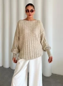 Açık Bej Kayık Yaka Fitilli Oversize Kazak - 1