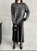 Siyah Fiona Bisiklet Yaka Leopar Desenli Kazak - 2