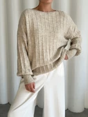Açık Bej Kayık Yaka Fitilli Oversize Kazak - 3