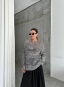 Siyah-Ekru Lace Kayık Yaka Pullu Kazak - 8