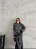 Siyah Fiona Bisiklet Yaka Leopar Desenli Kazak - 4