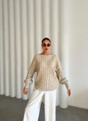 Açık Bej Kayık Yaka Fitilli Oversize Kazak - 4