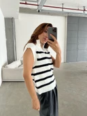 Fildişi Beyaz-Siyah Çizgili Fermuarlı Süveter - 3